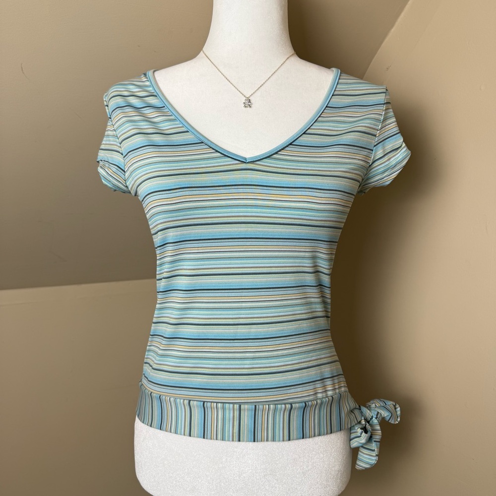 Striped‎ V-Neck Vintage Women’s Top - Blue and Green